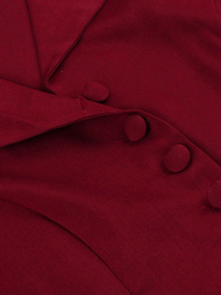 2PCS Red 1950s Solid Ruffled Button Top & Skirt