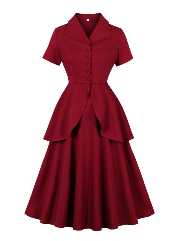 2PCS Red 1950s Solid Ruffled Button Top & Skirt
