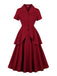 2PCS Red 1950s Solid Ruffled Button Top & Skirt
