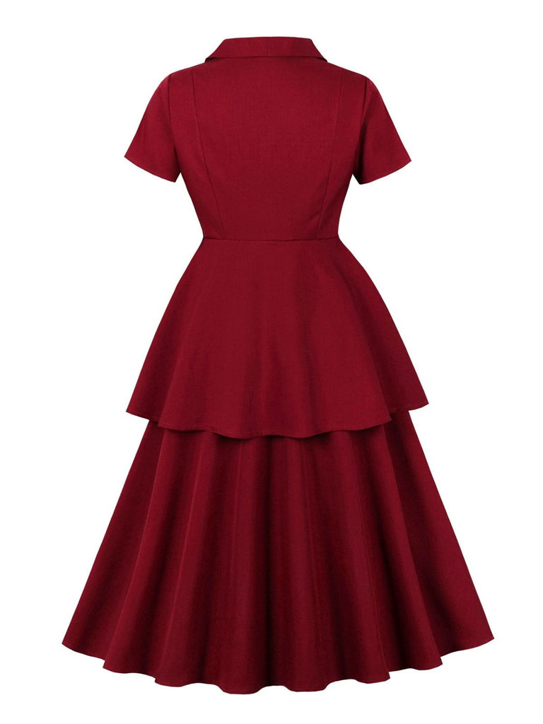 2PCS Red 1950s Solid Ruffled Button Top & Skirt