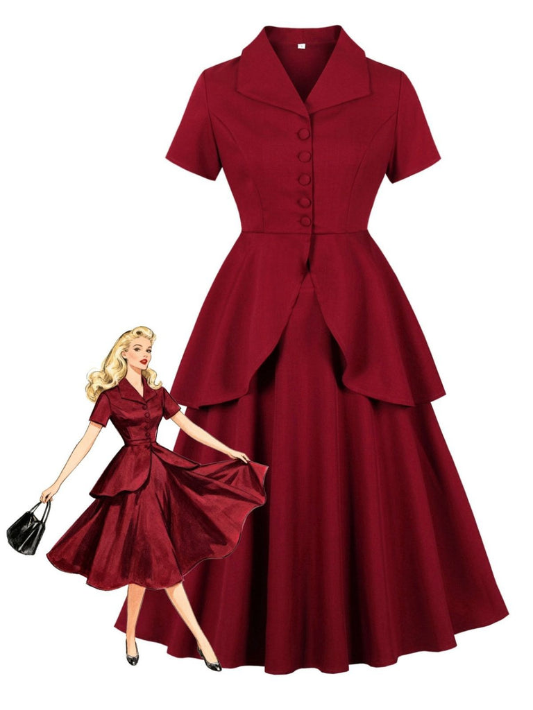 2PCS Red 1950s Solid Ruffled Button Top & Skirt
