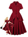2PCS Red 1950s Solid Ruffled Button Top & Skirt