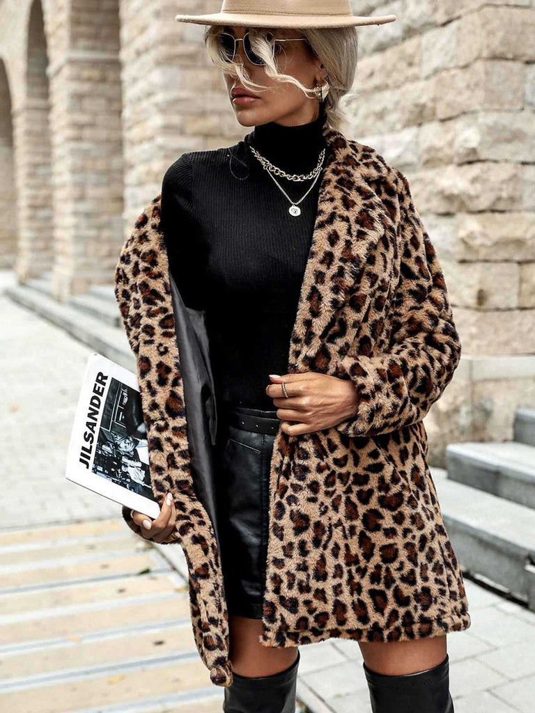 Brown 1950s Leopard Lapel Faux-Wool Coat