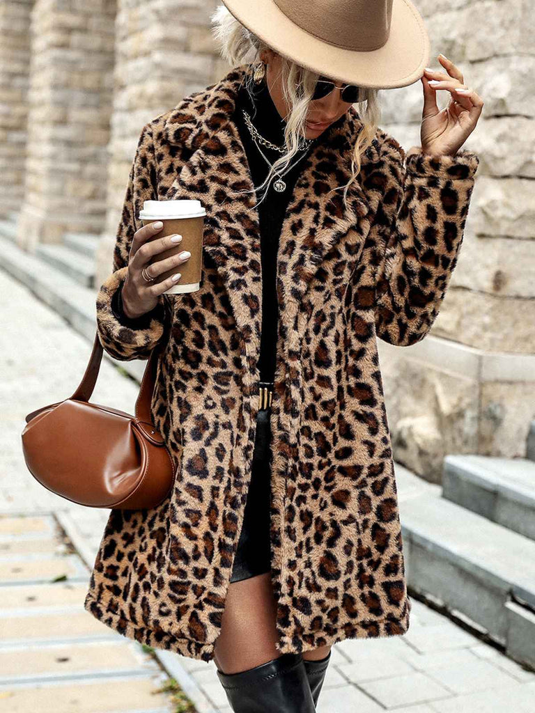 Brown 1950s Leopard Lapel Faux-Wool Coat