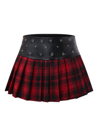 Red 1980s Steampunk Plaid Leather Pleated Skirt