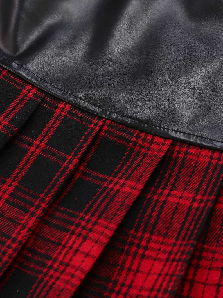 Red 1980s Steampunk Plaid Leather Pleated Skirt