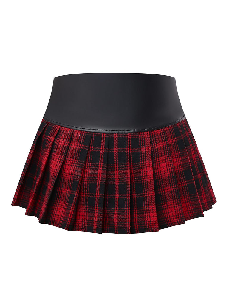 Red 1980s Steampunk Plaid Leather Pleated Skirt