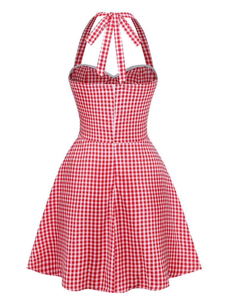 Red 1960s Plaid Heart Pocket Halter Dress
