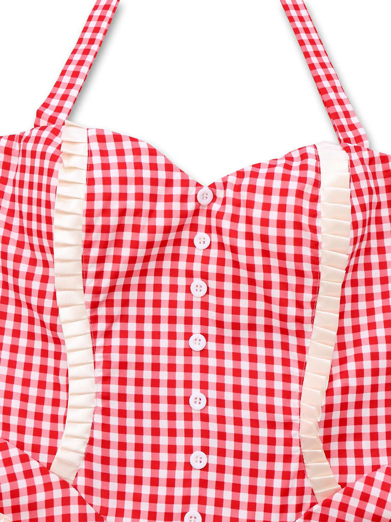Red 1960s Plaid Heart Pocket Halter Dress