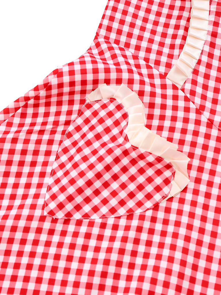 Red 1960s Plaid Heart Pocket Halter Dress