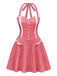 Red 1960s Plaid Heart Pocket Halter Dress