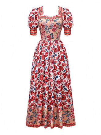 2PCS Red 1930s Floral Lantern Sleeve Cutout Top & Ruched Skirt