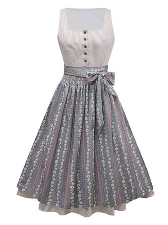 2PCS Beige 1950s Vertical Striped Dress & Floral Apron