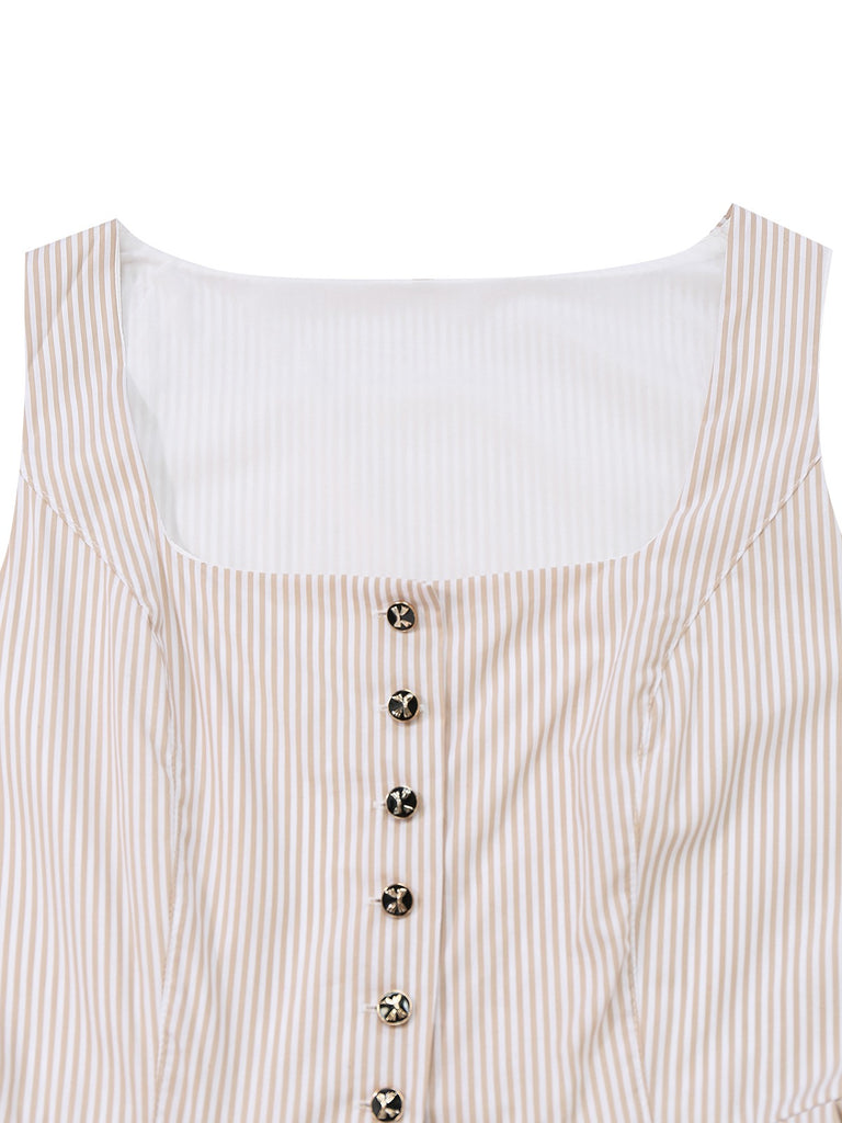 2PCS Beige 1950s Vertical Striped Dress & Floral Apron