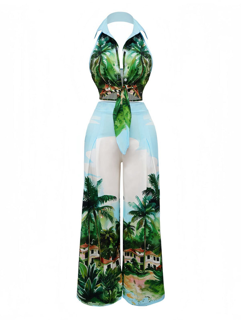 2PCS 1950s Tropical Style Halter Top & Pants
