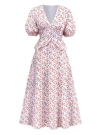 White 1940s Ditsy Floral Ruffled V-Neck Puff Sleeve Dress