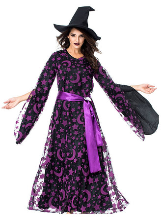 Deep Purple 1930s Star & Moon Batwing Sleeve Witch Dress Set