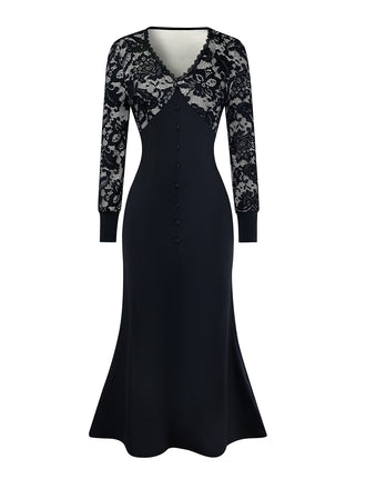 Black 1930s V-Neck Floral Lace Fishtail Dress