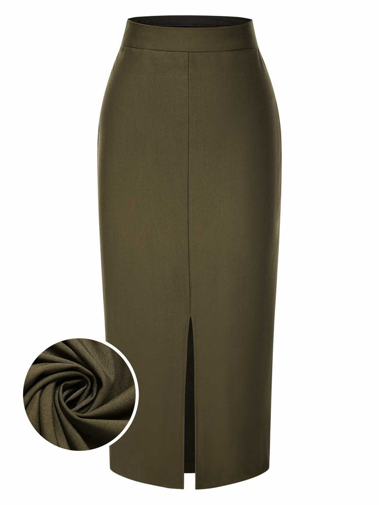[Pre-Sale] Olive Green 1960s Front Slit Solid Skirt