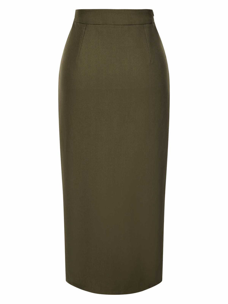 [Pre-Sale] Olive Green 1960s Front Slit Solid Skirt