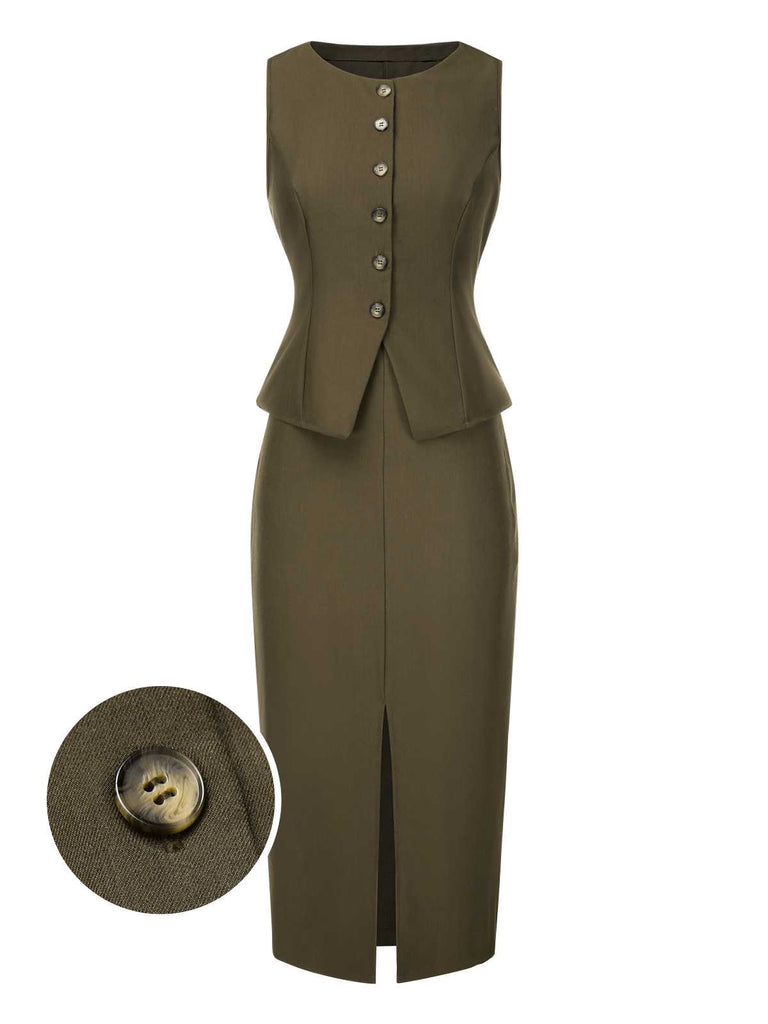 [Pre-Sale] 2PCS Olive Green 1960s Solid Vest & Front Slit Skirt