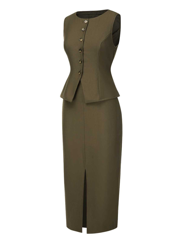 [Pre-Sale] 2PCS Olive Green 1960s Solid Vest & Front Slit Skirt