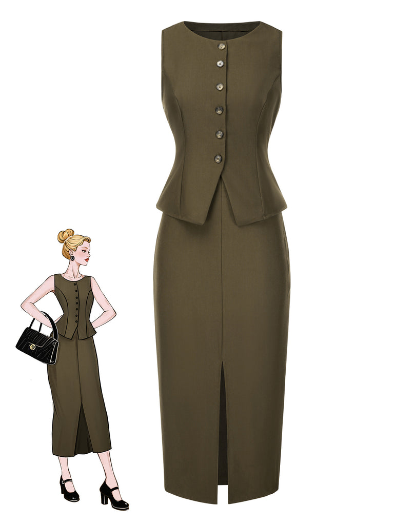 [Pre-Sale] 2PCS Olive Green 1960s Solid Vest & Front Slit Skirt