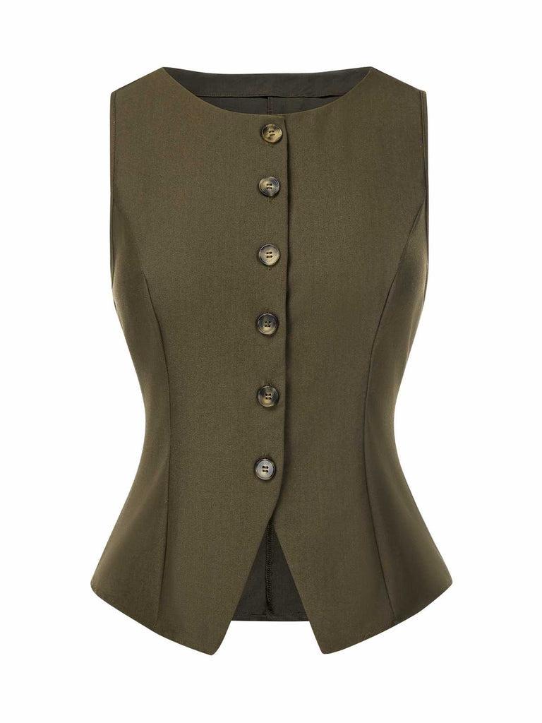 [Pre-Sale] 2PCS Olive Green 1960s Solid Vest & Front Slit Skirt