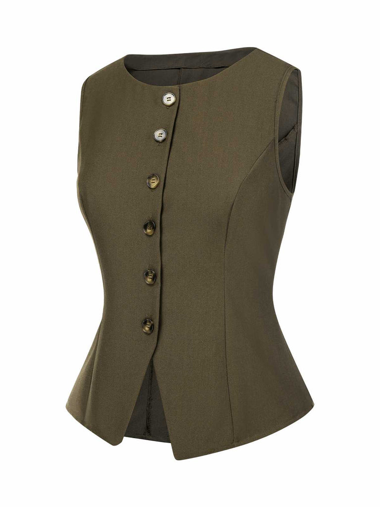 [Pre-Sale] Olive Green 1960s Button Solid Sleeveless Vest