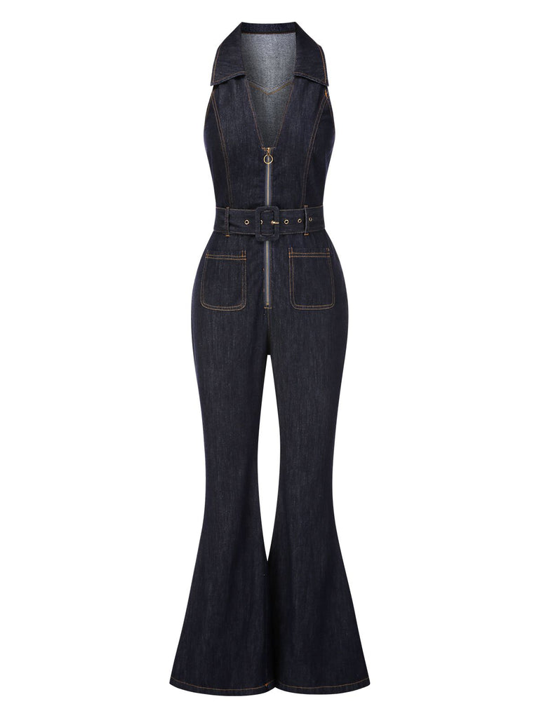 [Pre-Sale] Blue 1970s Denim Collar Belted Flared Jumpsuit