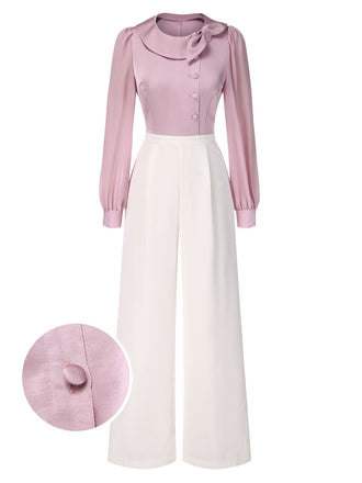 [Pre-Sale] Pink 1930s Satin Bow Collar Puff Sleeve Jumpsuit