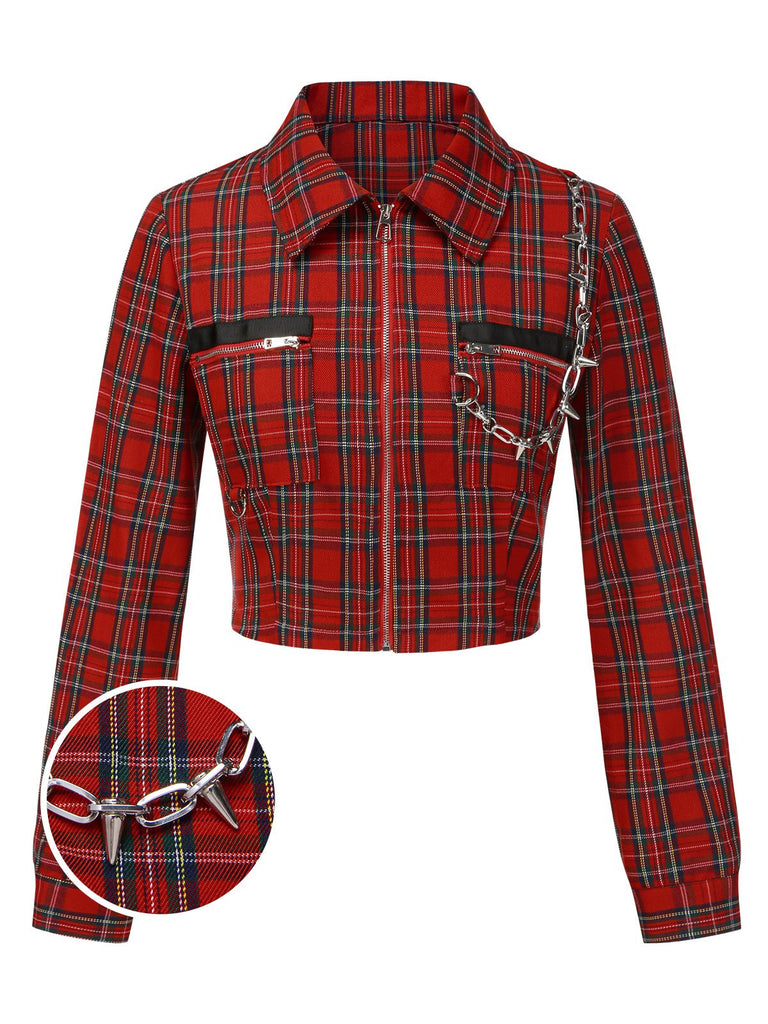 [Pre-Sale] Red 1980s Plaid Patchwork Chain Punk Jacket