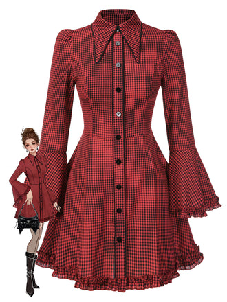 Red 1960s Gothic Plaid Flared Sleeve Lace-Up Dress