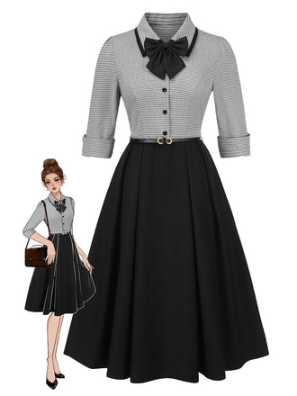 1950s Houndstooth Detachable Bow Collar Dress