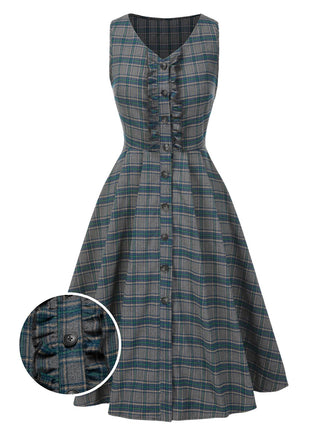 Gray 1950s Plaid V-Neck Sleeveless Ruffled Dress