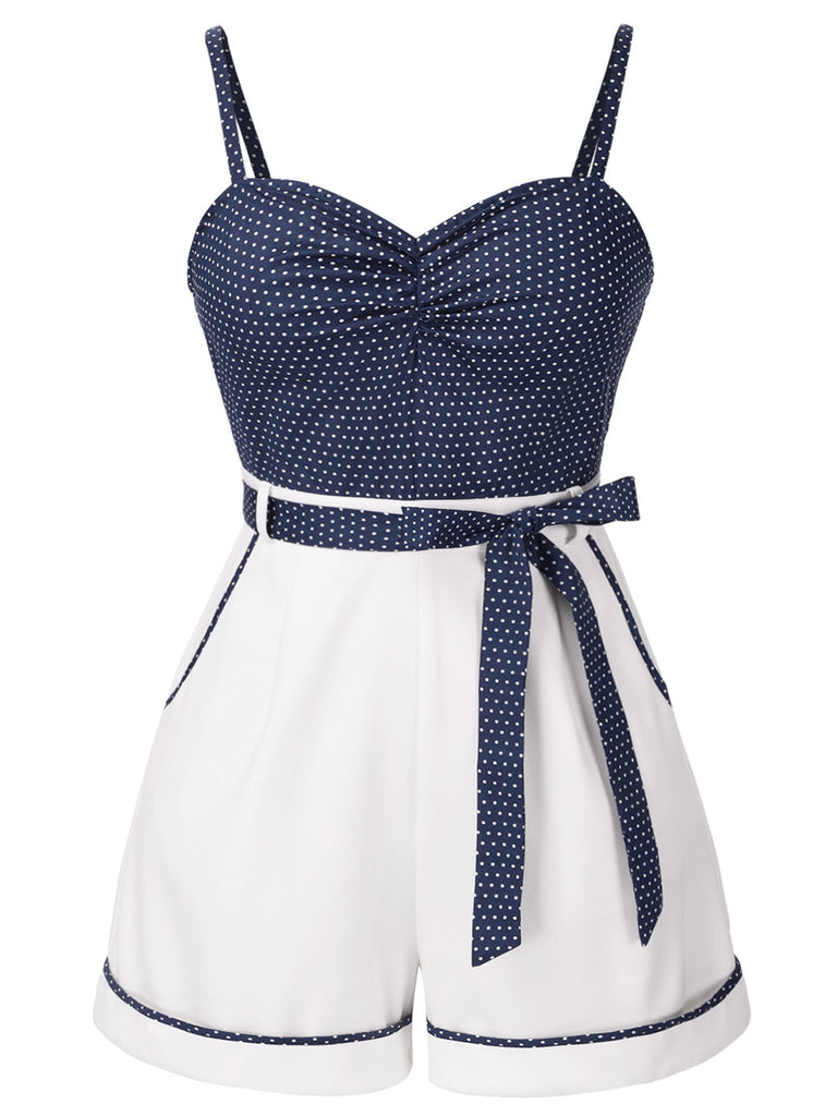 [Pre-Sale] [Plus Size] Blue 1940s Polka Dot Patchwork Suspender Romper