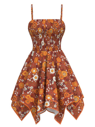 Orange 1970s Hippie Floral Irregular Hem Strap Dress