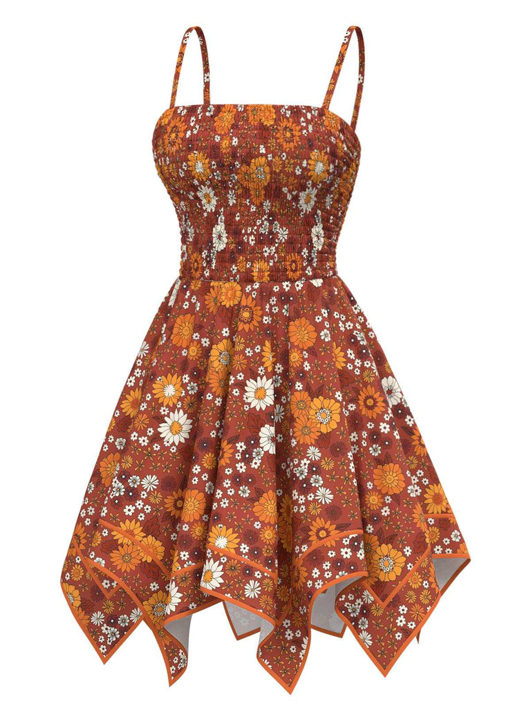 Orange 1970s Hippie Floral Irregular Hem Strap Dress
