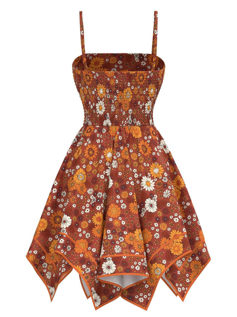 Orange 1970s Hippie Floral Irregular Hem Strap Dress