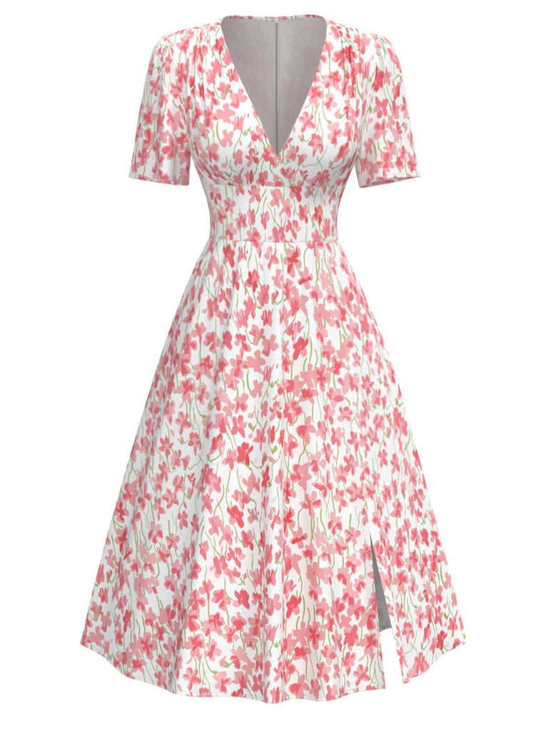 [Pre-Sale] Pink 1940s Floral Print V-Neck Split Dress