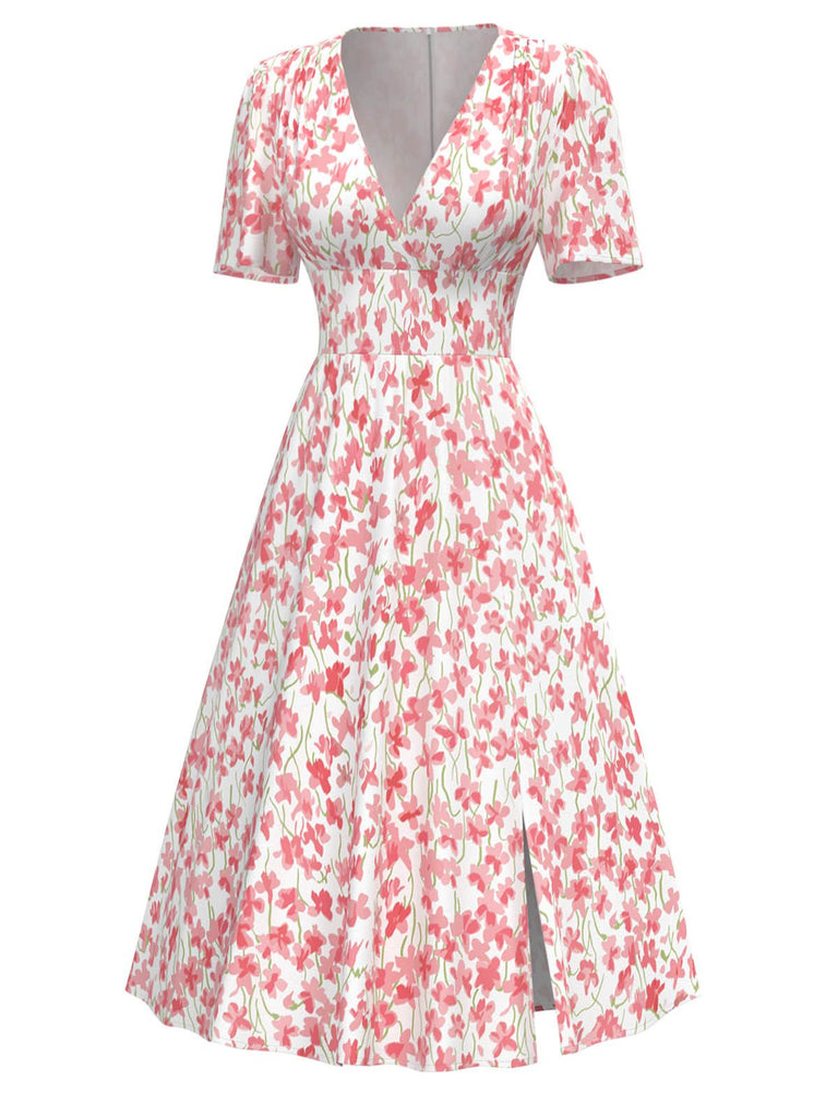 [Pre-Sale] Pink 1940s Floral Print V-Neck Split Dress
