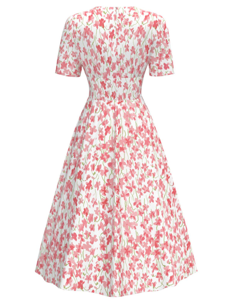 [Pre-Sale] Pink 1940s Floral Print V-Neck Split Dress