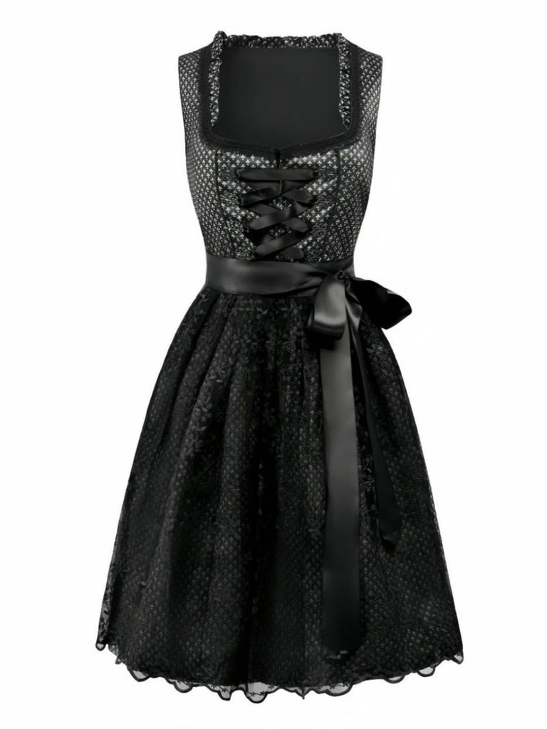 2PCS 1950s Ethnic Floral Lace-Up Dress & Apron
