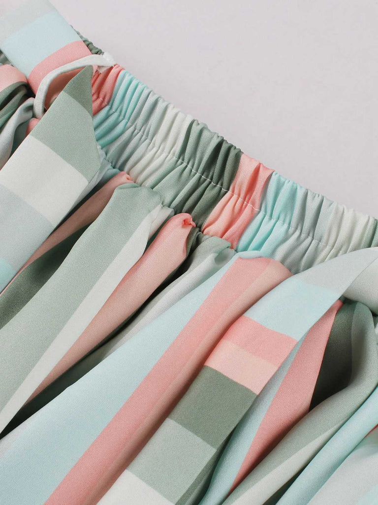 Gray Green 1950s Bow Colorful Stripe Skirt