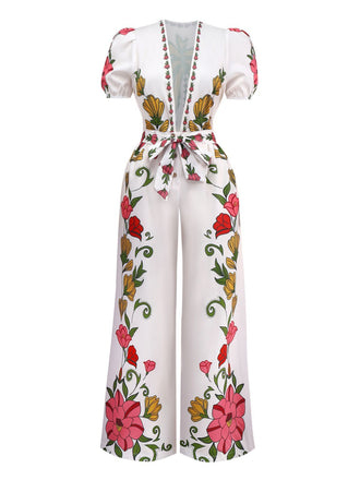 White 1950s Deep V-Neck Floral Belted Jumpsuit