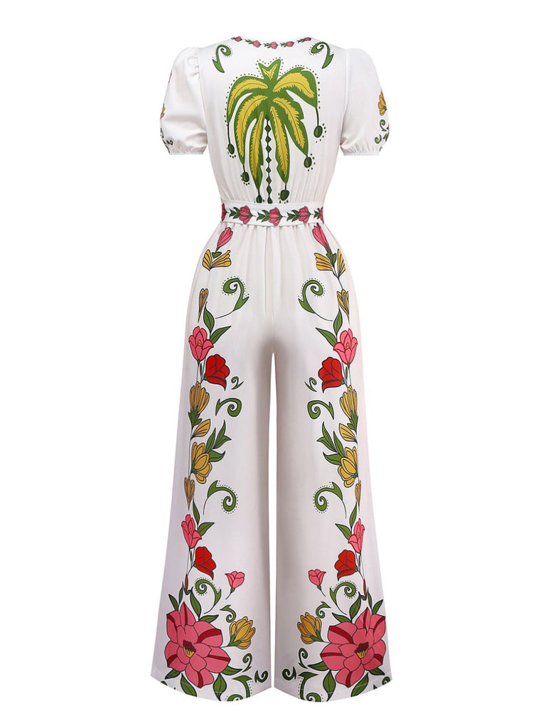White 1950s Deep V-Neck Floral Belted Jumpsuit