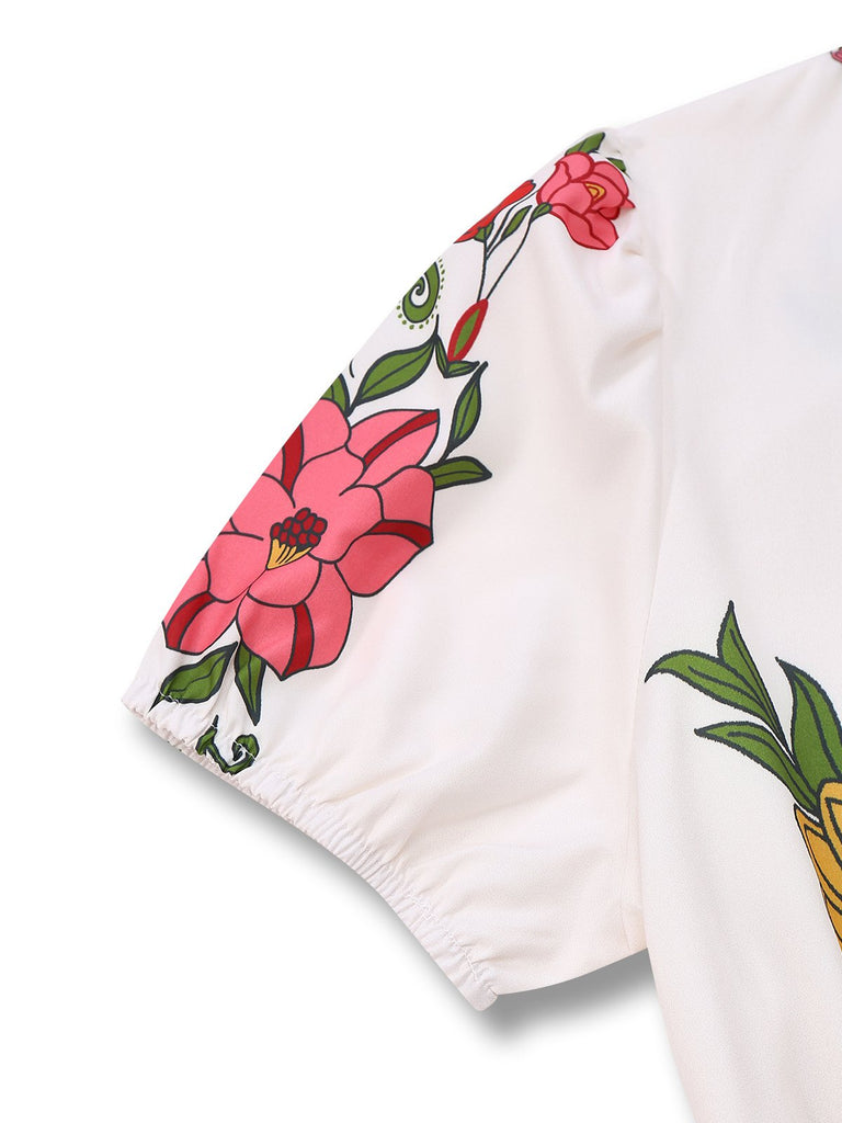 White 1950s Deep V-Neck Floral Belted Jumpsuit