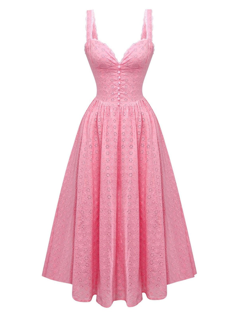 Pink 1950s Lace Floral Embroidered Waist Dress