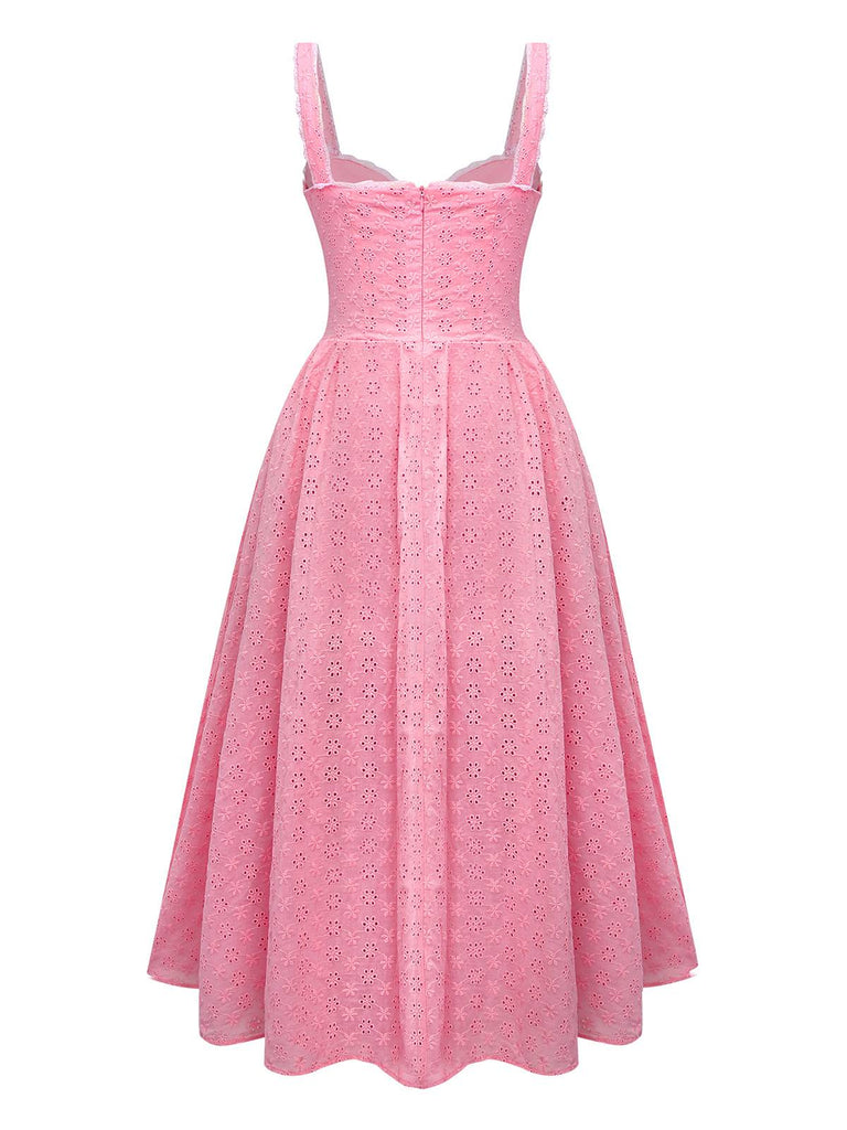 Pink 1950s Lace Floral Embroidered Waist Dress