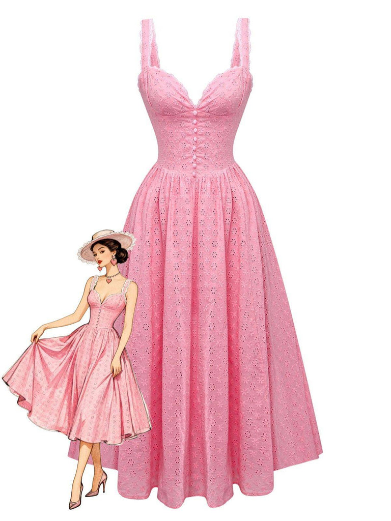 Pink 1950s Lace Floral Embroidered Waist Dress